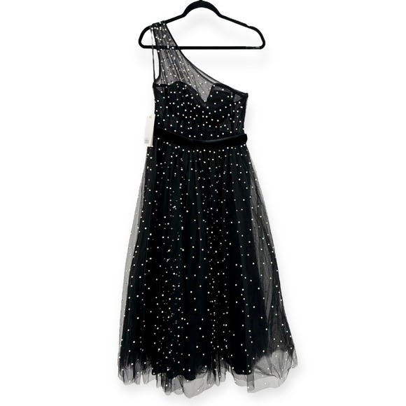 NWT Mac Duggal Black One Shoulder Pearl Beaded Tulle Velvet Midi Ballgown Size 8 - Picture 8 of 15